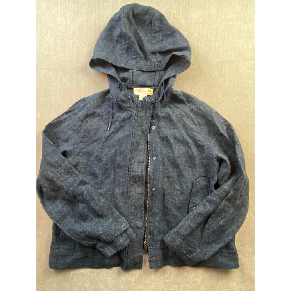 C&C California Womens Blue 100% Linen Hooded Full Zip Jacket Large Indigo L